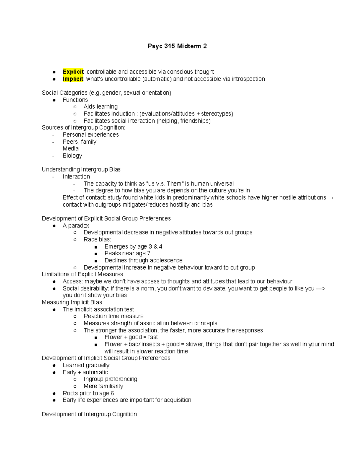 Psyc 315 Midterm 2 - Intergroup Cognition and Gender Development ...