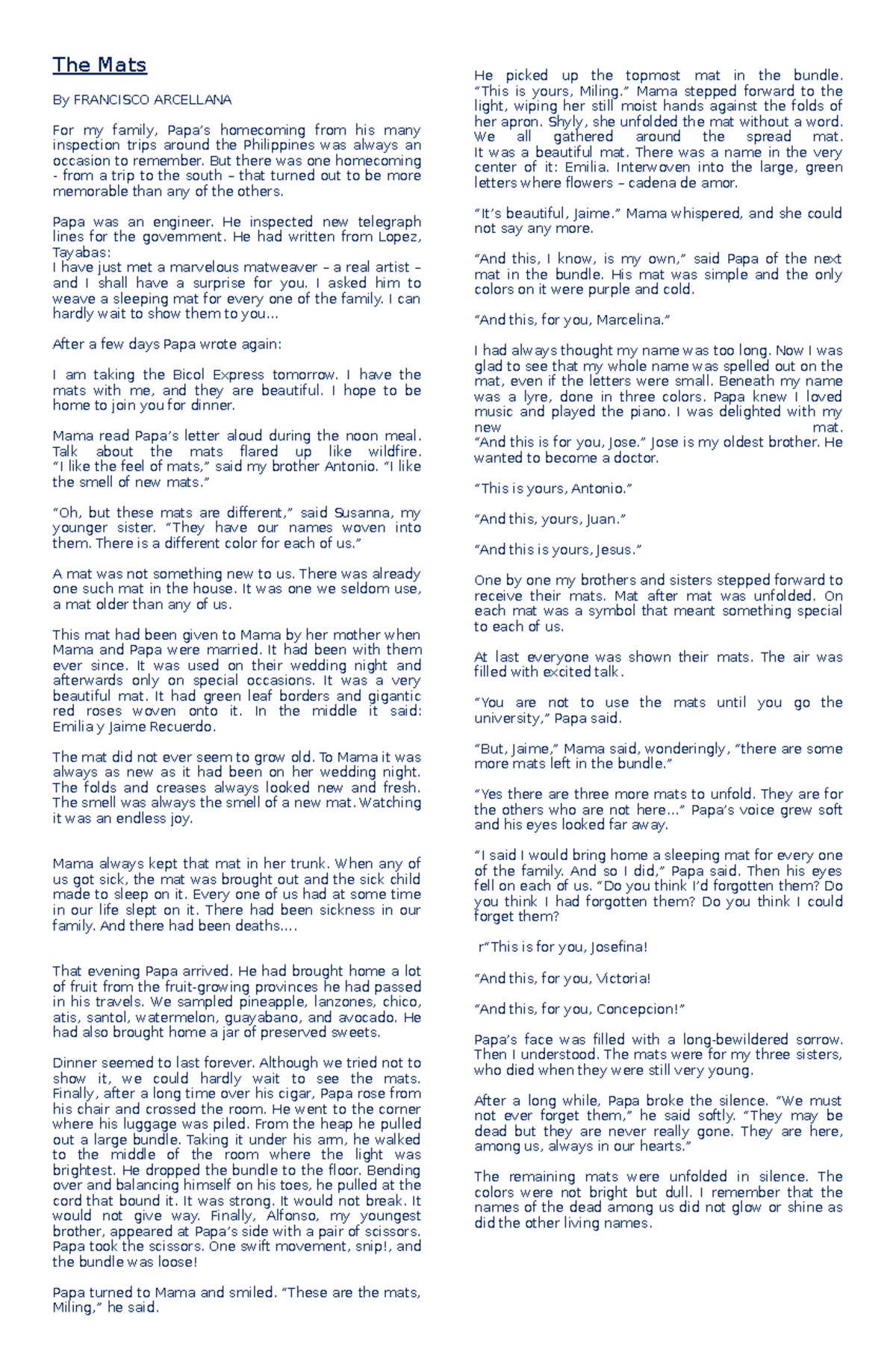 The Mats by Francisco Arcellana - Literature Analysis - Document Preview