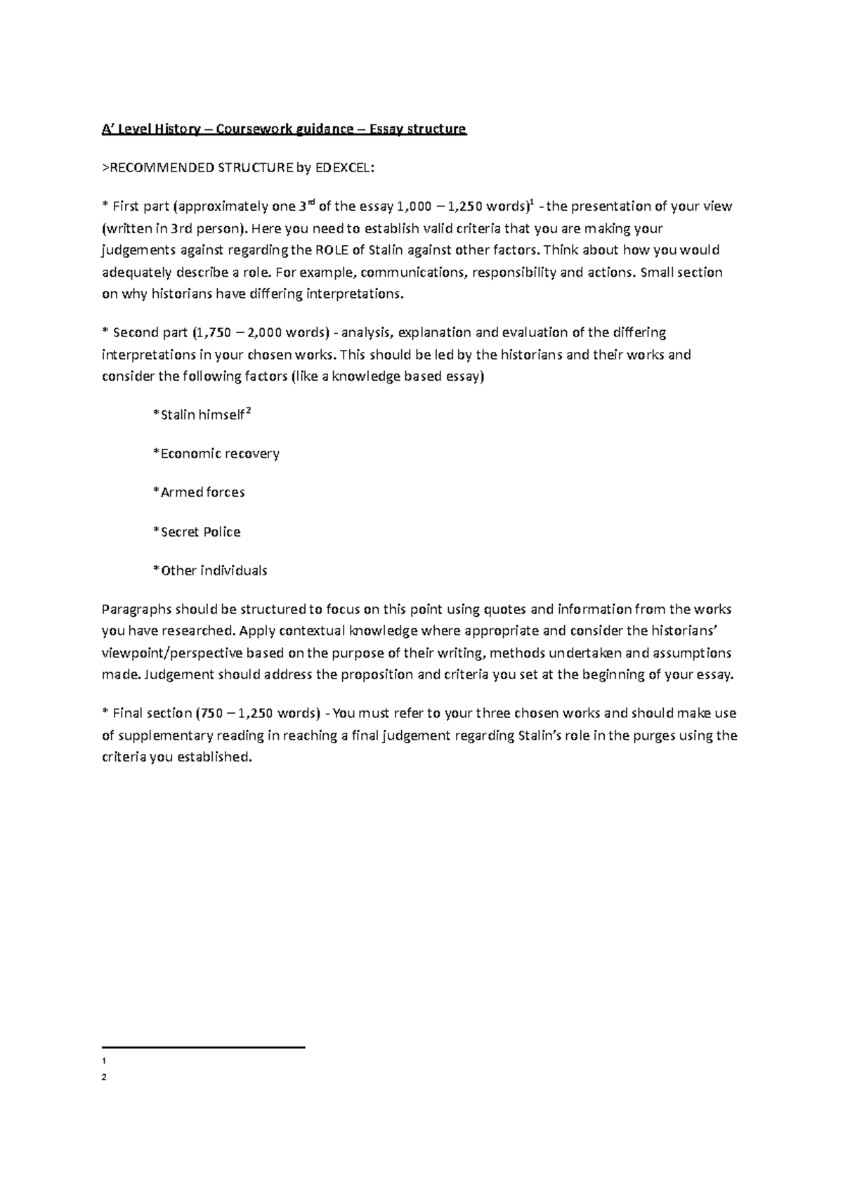 EDEXCEL Level History Coursework Guidance: Essay Structure & Tips - Studocu