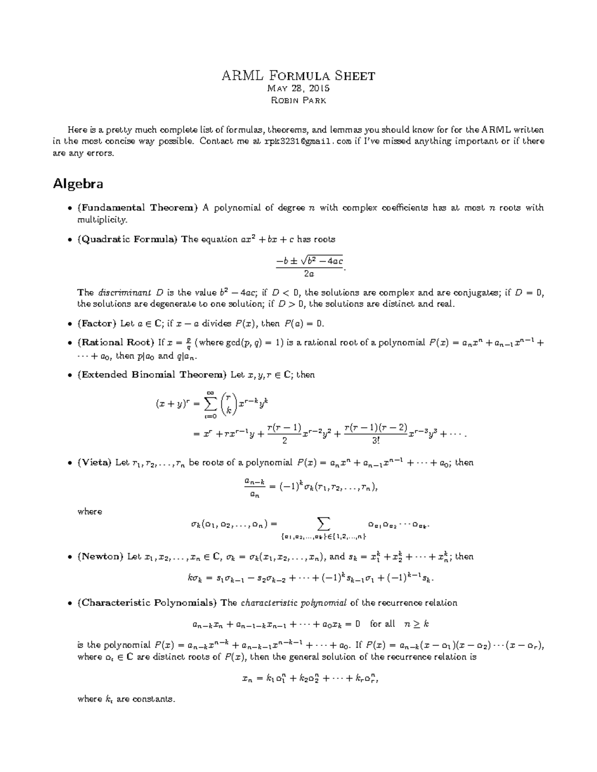 ARML Math Formula Sheet: Key Concepts for Competitive Exams - Studocu