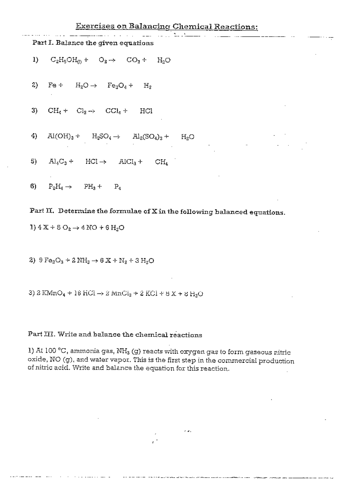 Classwork-Exercises on Balancing Chemical Equations - Exercises on ...