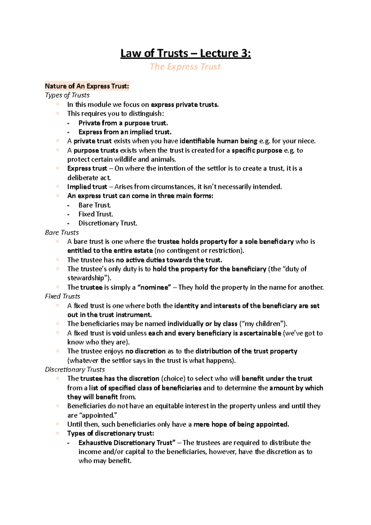 Lecture 3: Understanding the Express Trust in Law of Trusts - Studocu