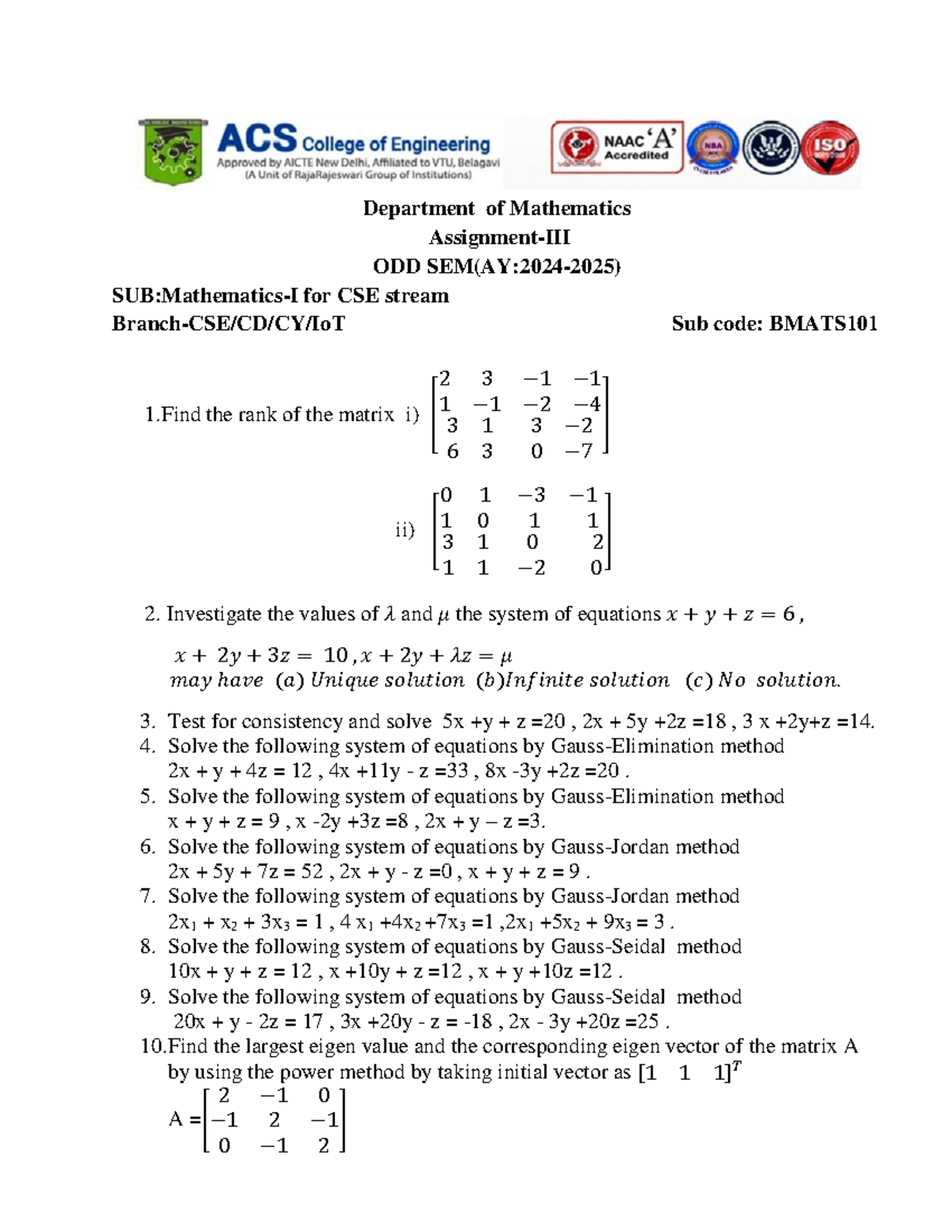 Assignment 3 FOR CSE Stream - Department of Mathematics Assignment-III ...