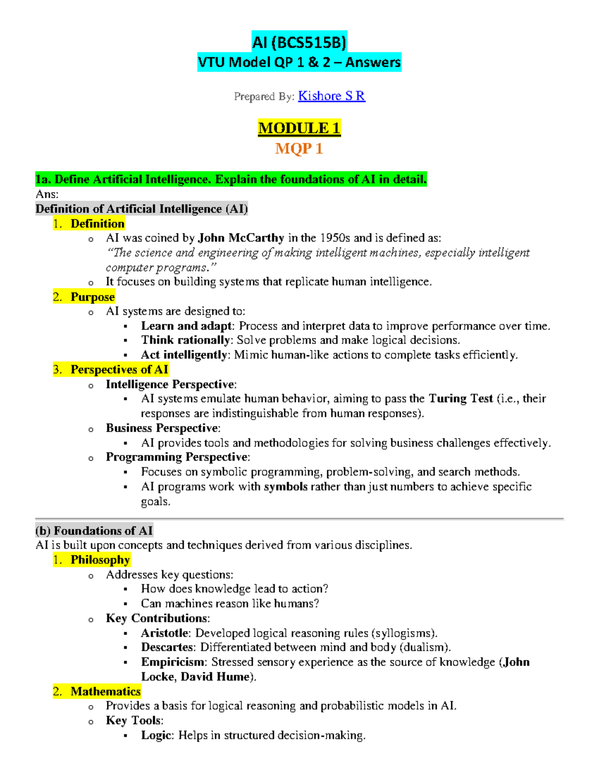 AI (BCS515B) Model QP 1 & 2 Answers: Comprehensive Guide by Kishore S R ...