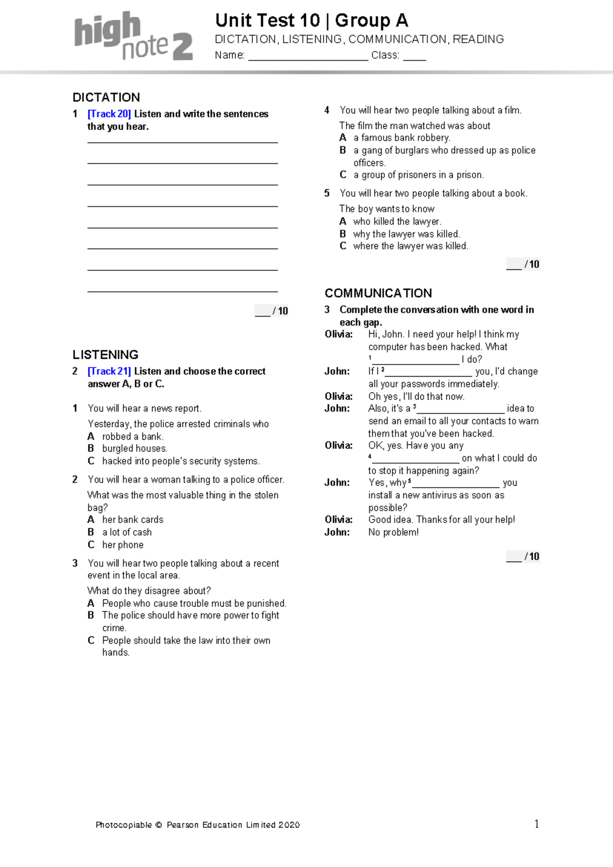 High Note 2 Unit 10 Skills Test - Group A Evaluation Activities - Studocu