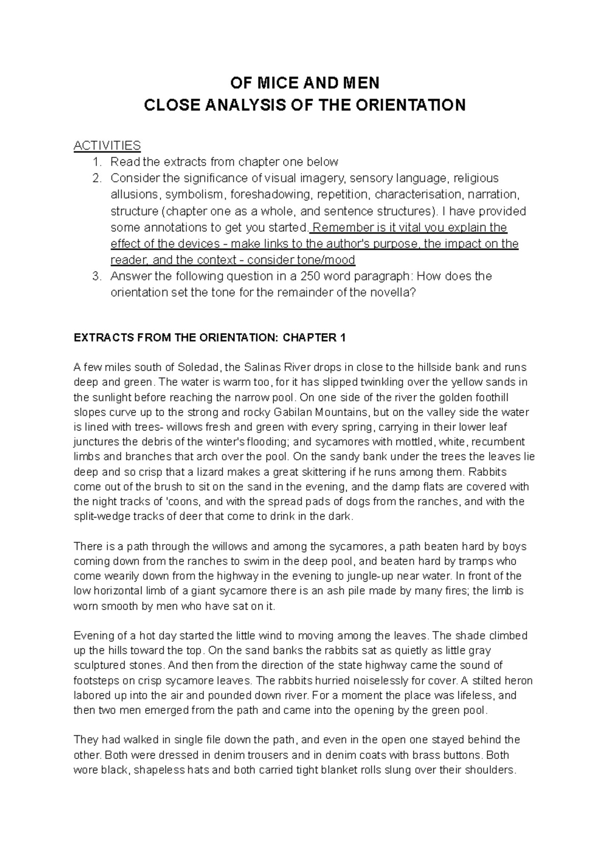 OF MICE AND MEN (ENG 101) CHAPTER 1 ORIENTATION ANALYSIS - Studocu