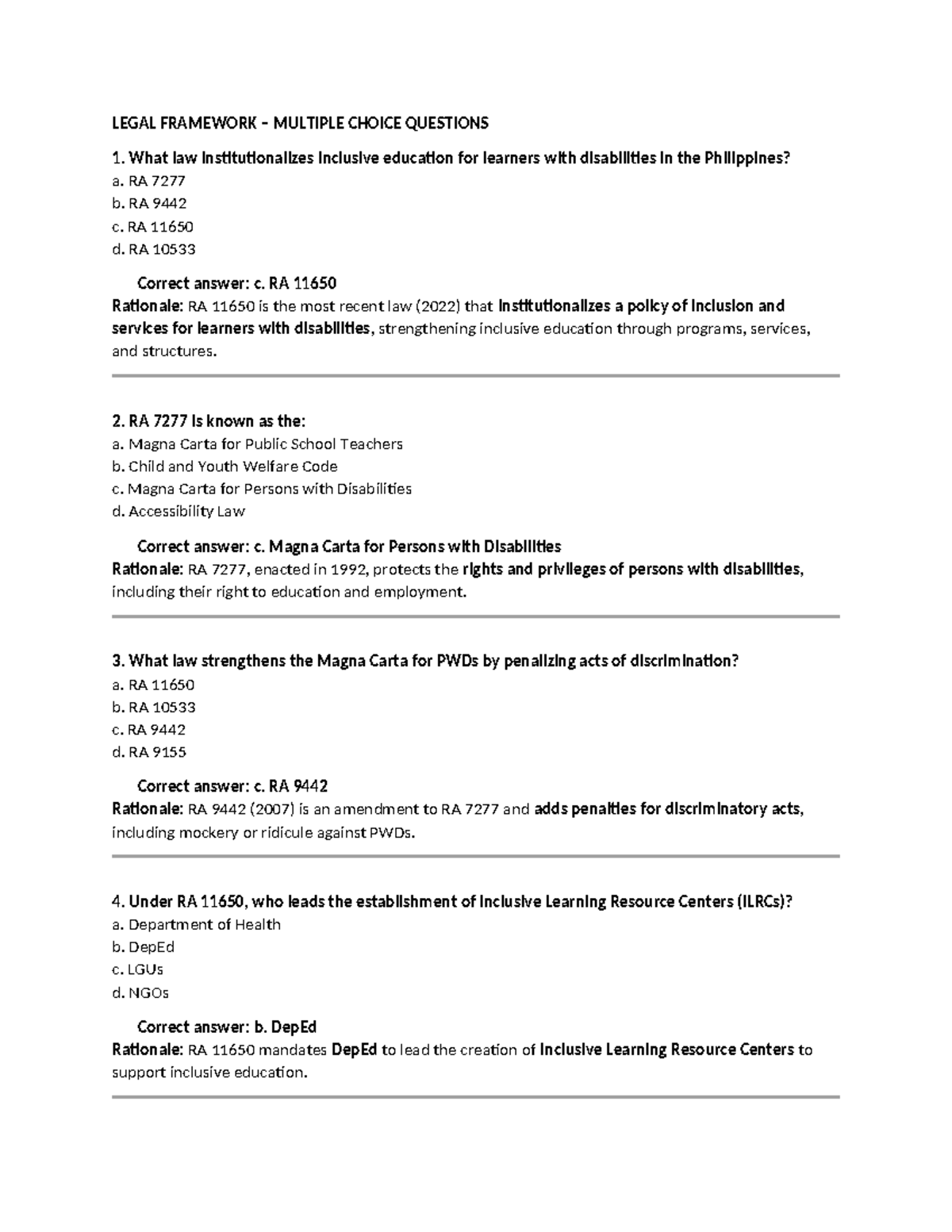 SNE MCQ - Legal Framework of Inclusive Education in the Philippines ...