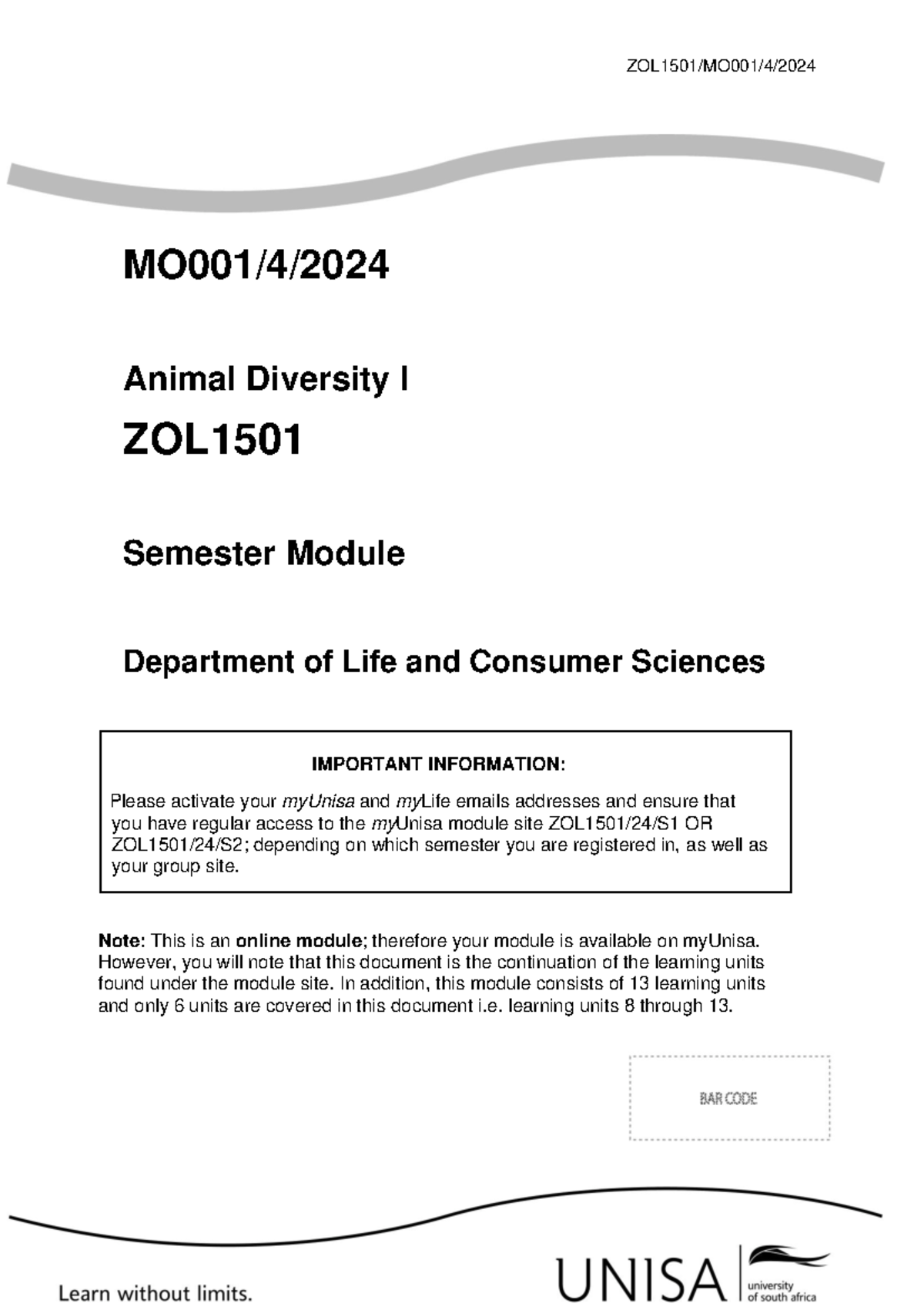 ZOL1501 MO-001 Animal Diversity I Module Overview for 2024 - Studocu