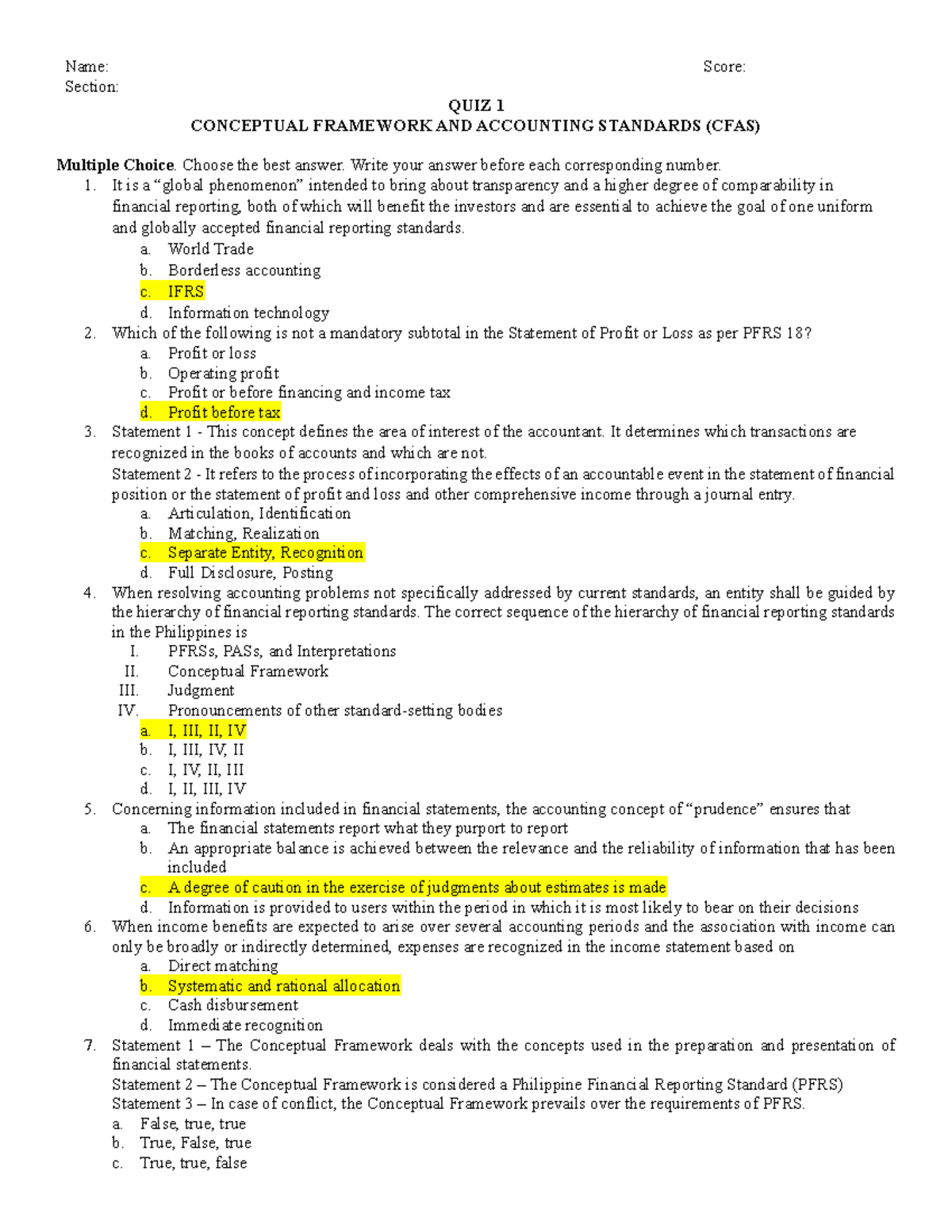 Quiz 1: Conceptual Framework & Accounting Standards (CFAS) Answer Key ...