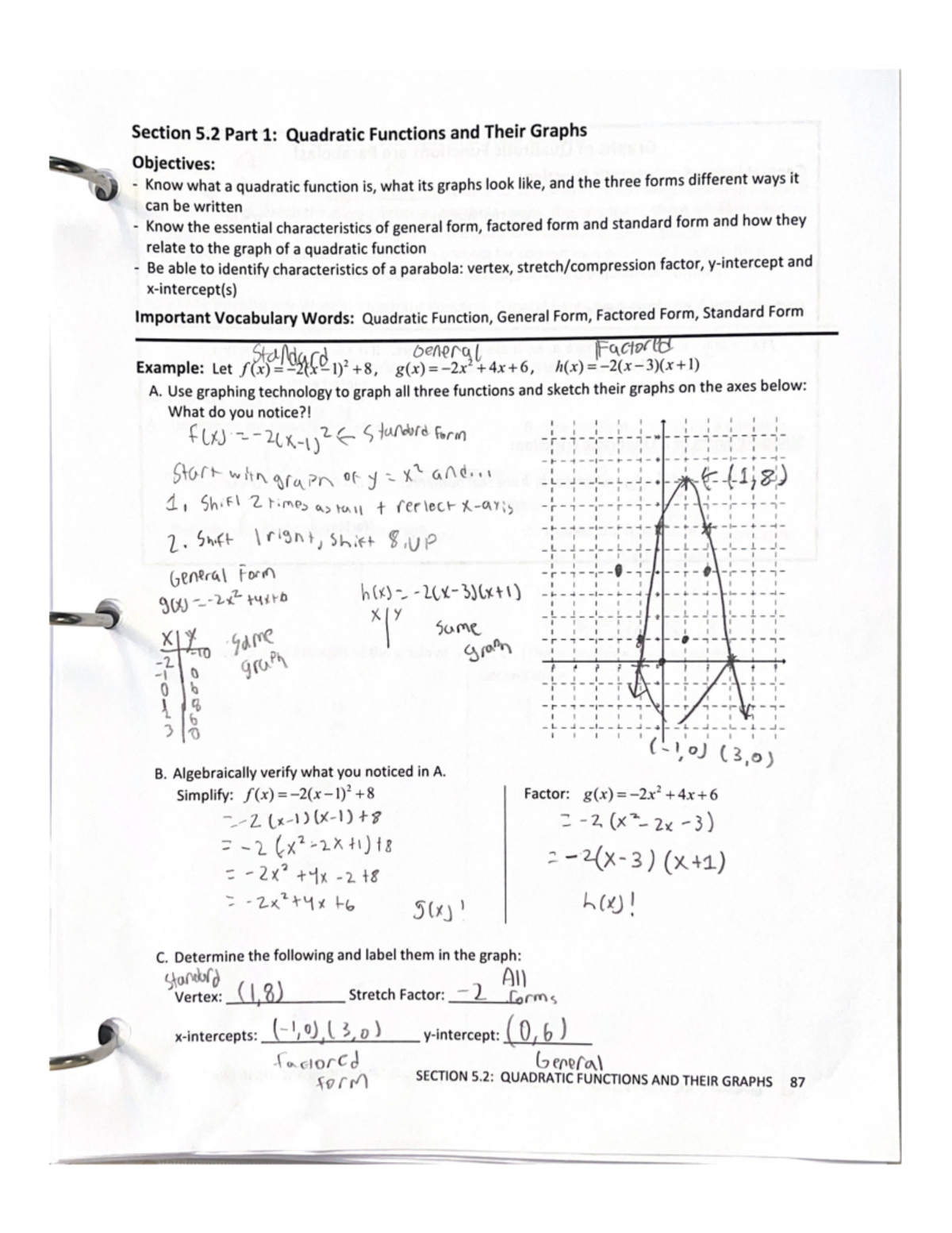 Section 5.2 Part 1 Quadratic Functions and Their Graphs - Section 5 ...