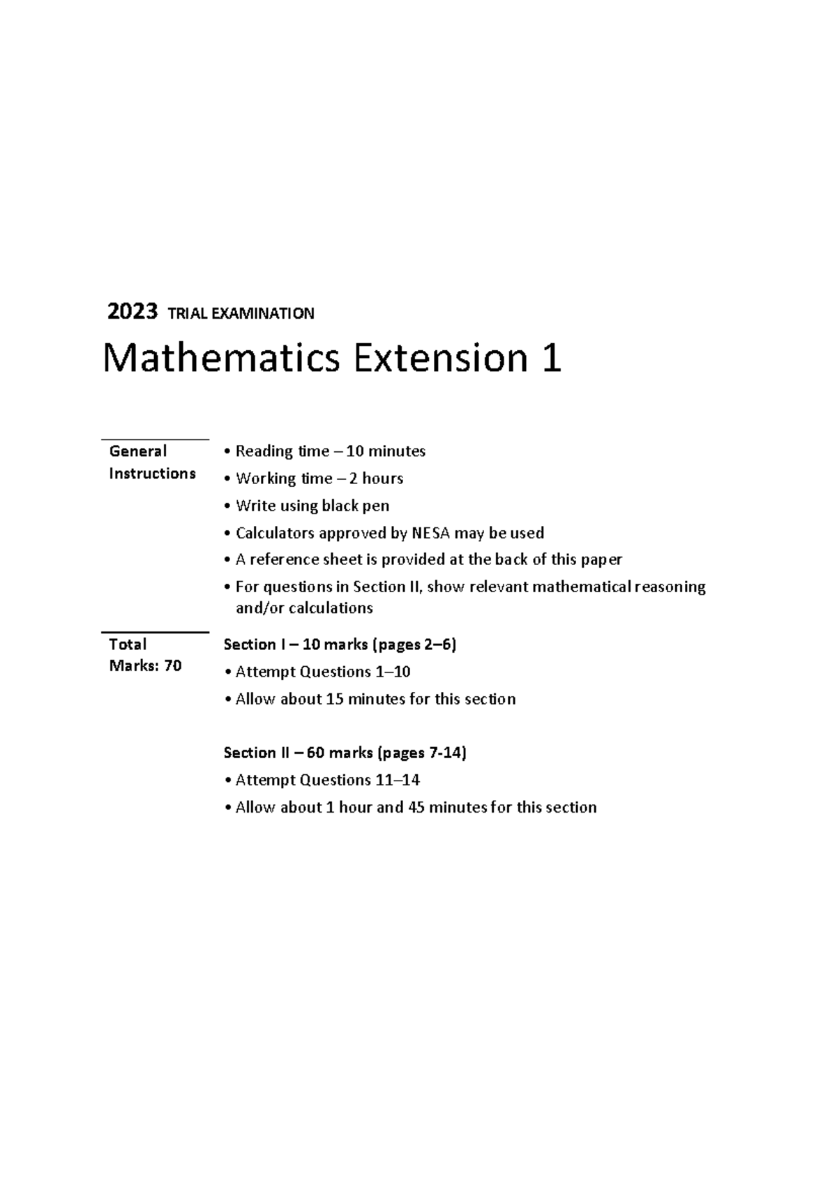 2023 Trial Exam Mathematics Extension 1 General Instructions - Studocu