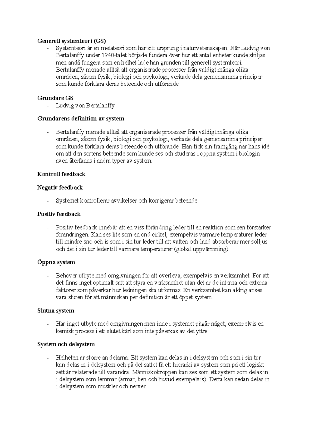 Generell Systemteori - Föreläsningsanteckningar GS 1 - Studocu
