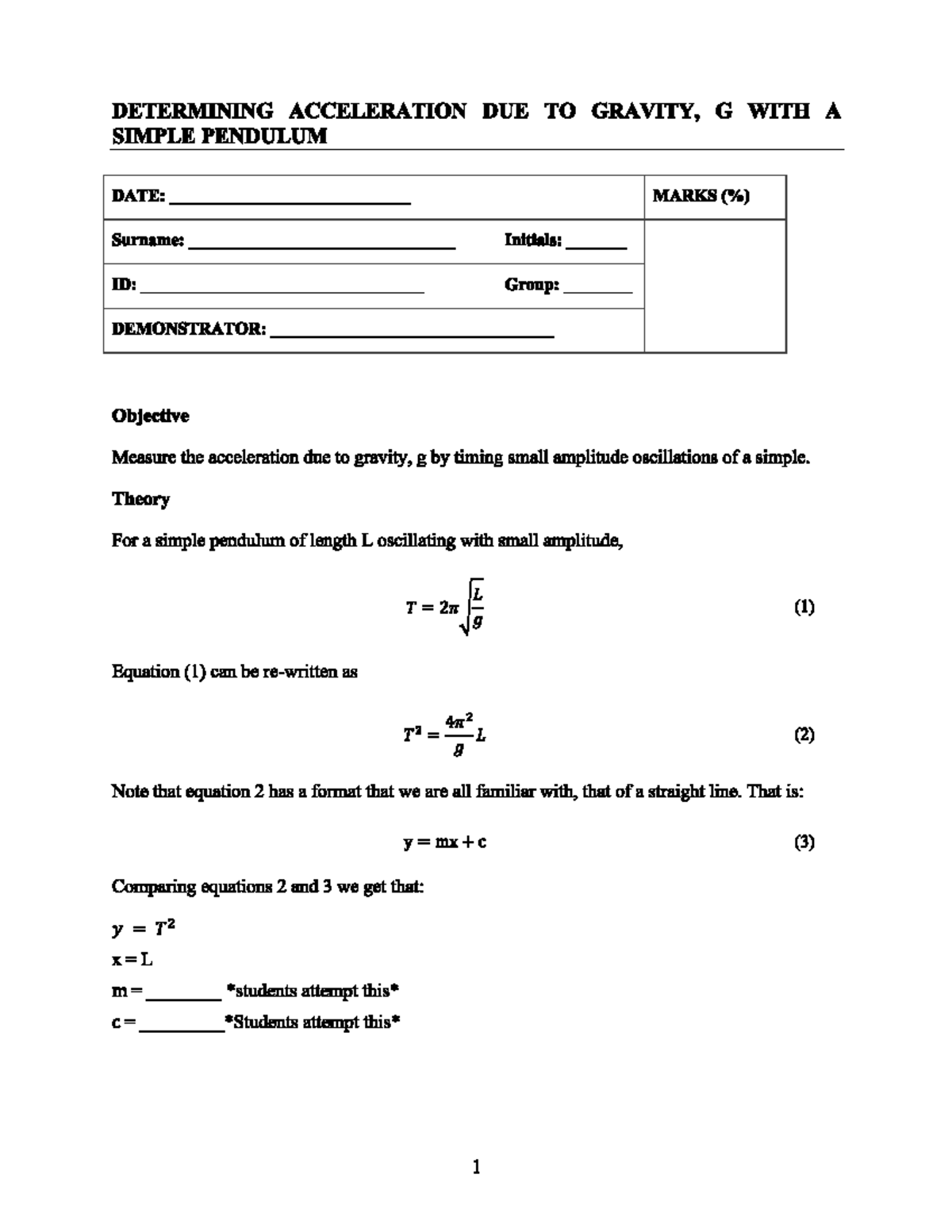 Pre-Lab Report: Determining Acceleration Due to Gravity (G) with a ...