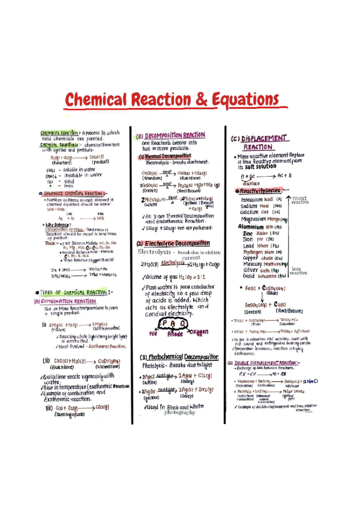 Class 10 Chemistry Notes: Chemical Reactions and Equations - Studocu