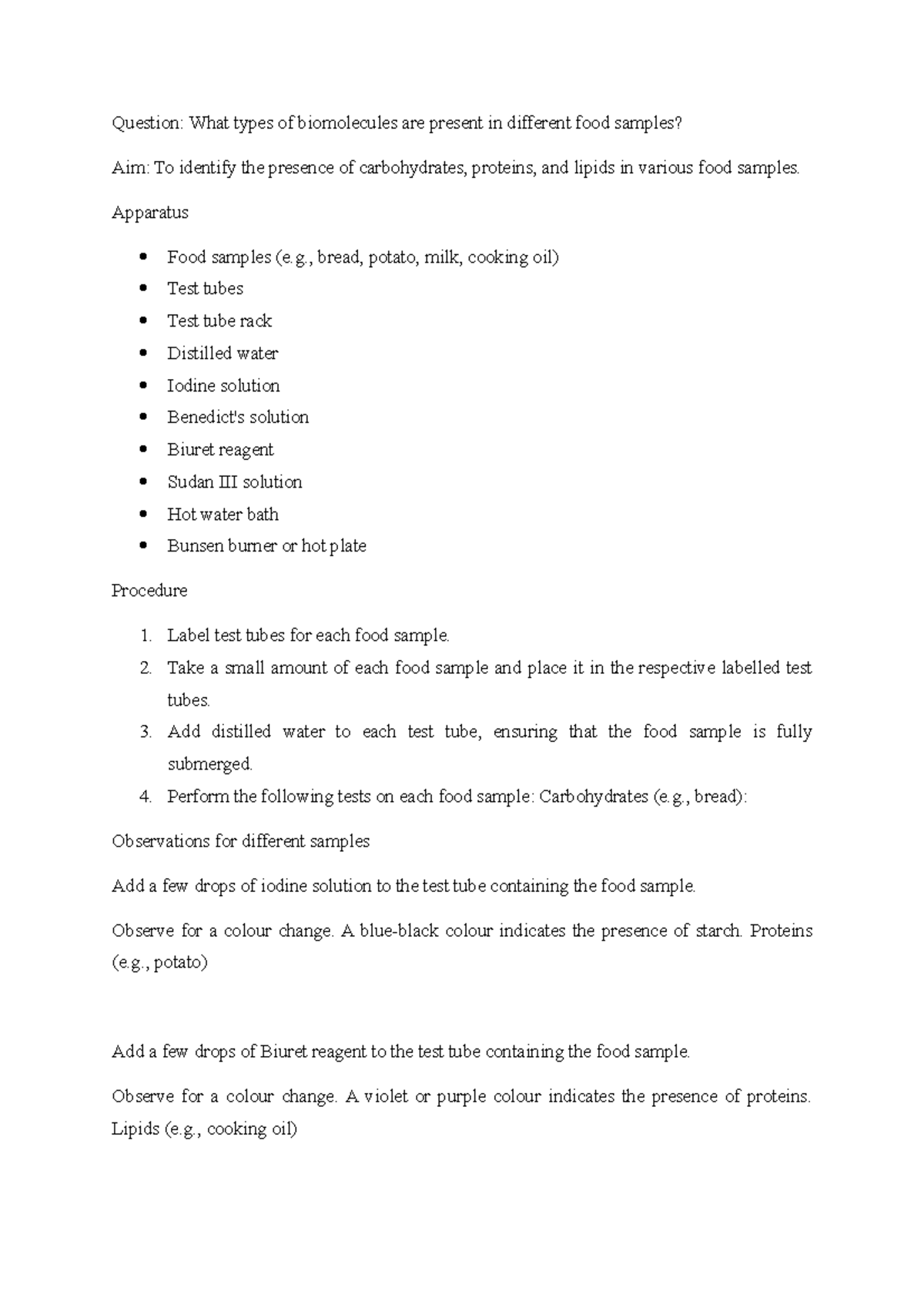 Food tests - food test - Question: What types of biomolecules are ...