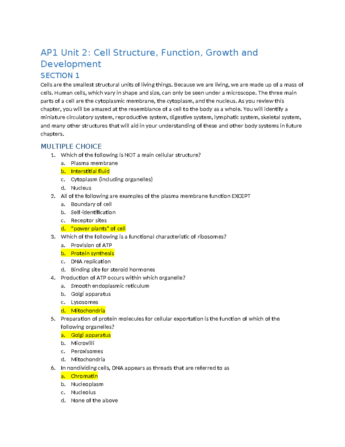 AP1 Unit 2: Comprehensive Notes on Cell Structure & Function - Studocu