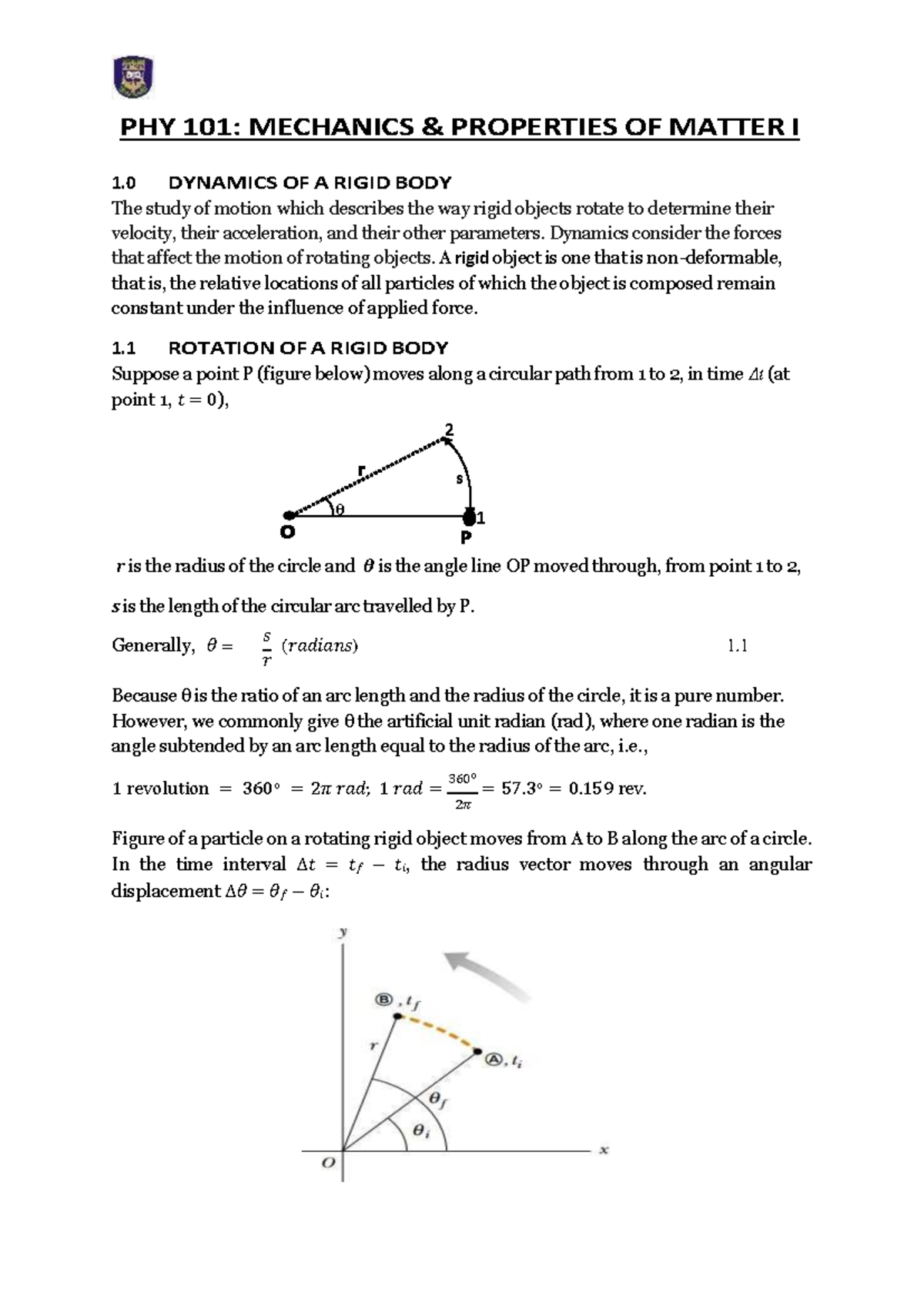 PHY 101: Lecture Note 8 - Dynamics of Rigid Bodies and Motion - Studocu