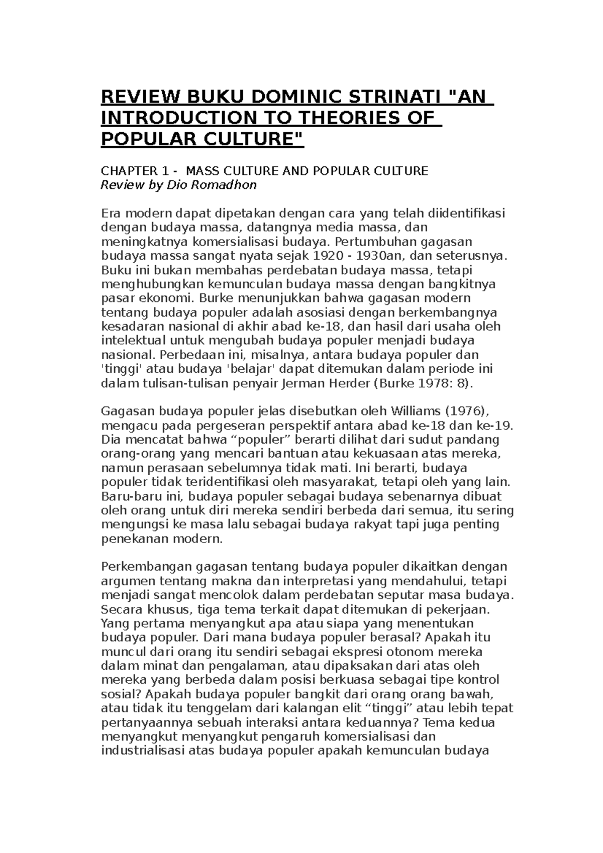 Review Buku Dominic Strinati: Teori Budaya Populer & Masa Kini - Studocu