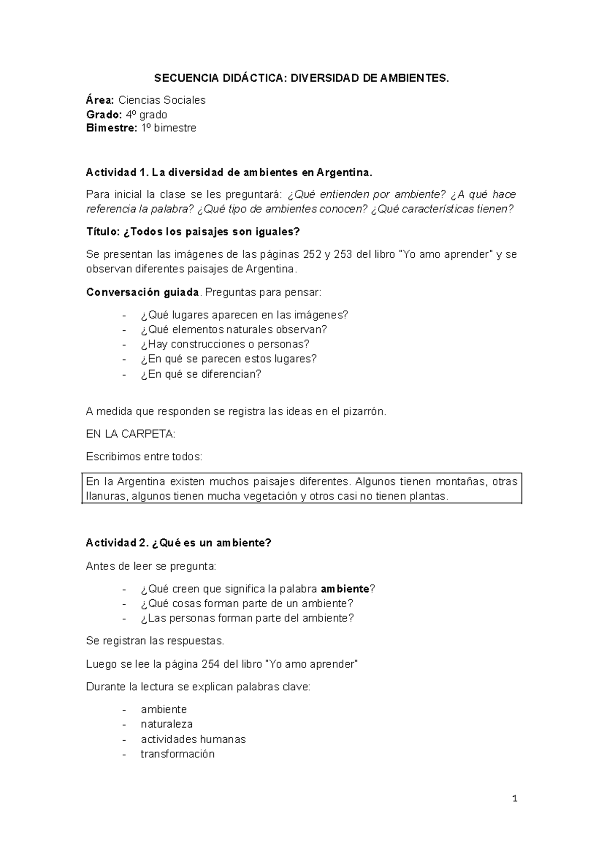 SECUENCIA DIDÁCTICA: DIVERSIDAD DE AMBIENTES - CIENCIAS SOCIALES 4TO - Document Preview