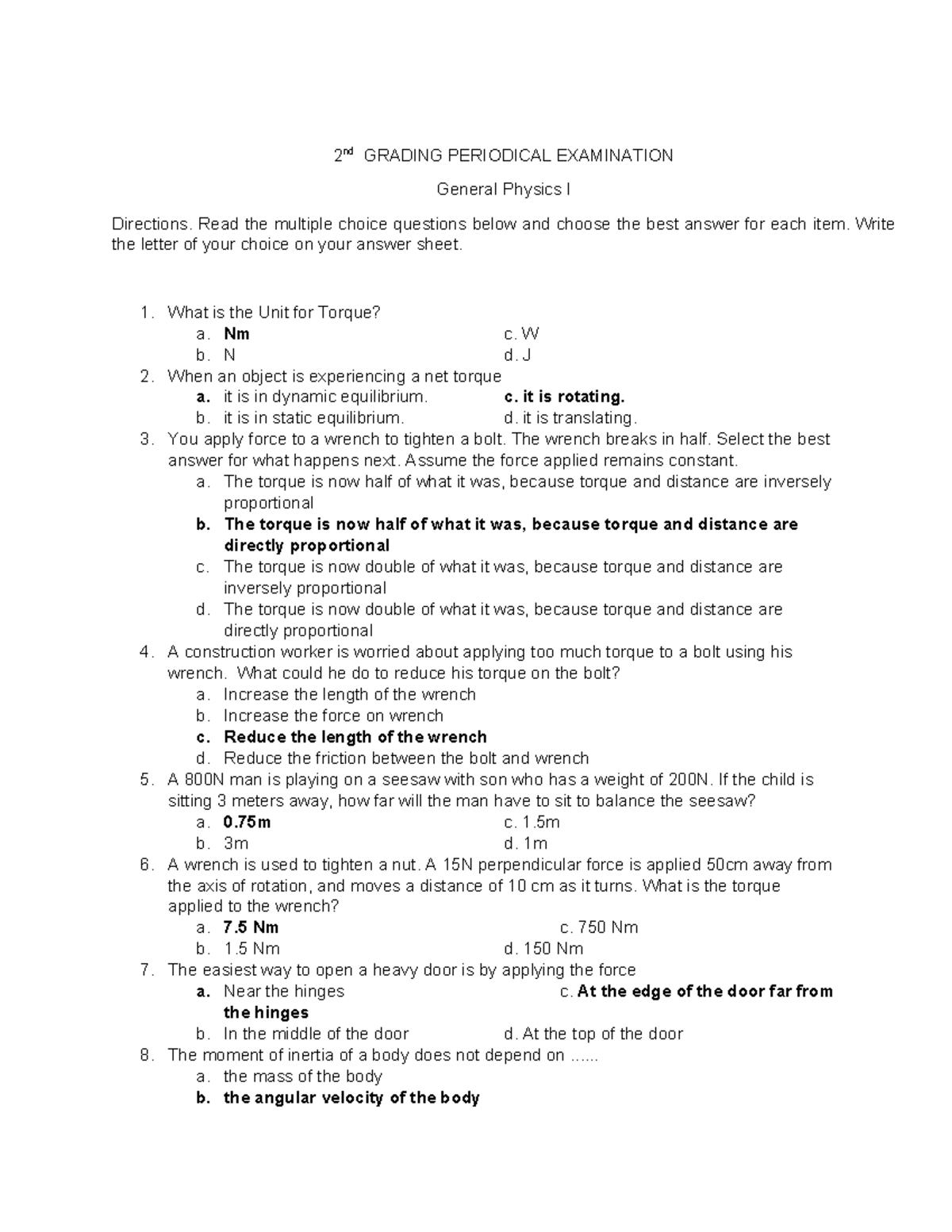 General Physics I Q2 Exam Questions and Answers - Studocu