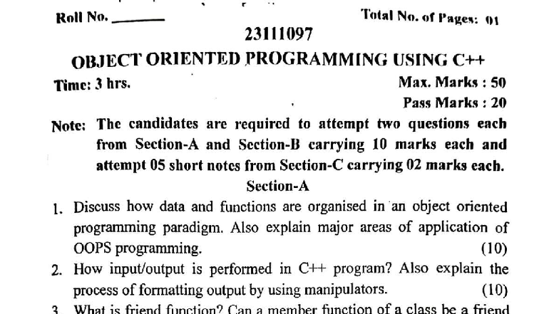 C++ MCA Sem II Previous Year Question Paper on OOP Concepts - Studocu