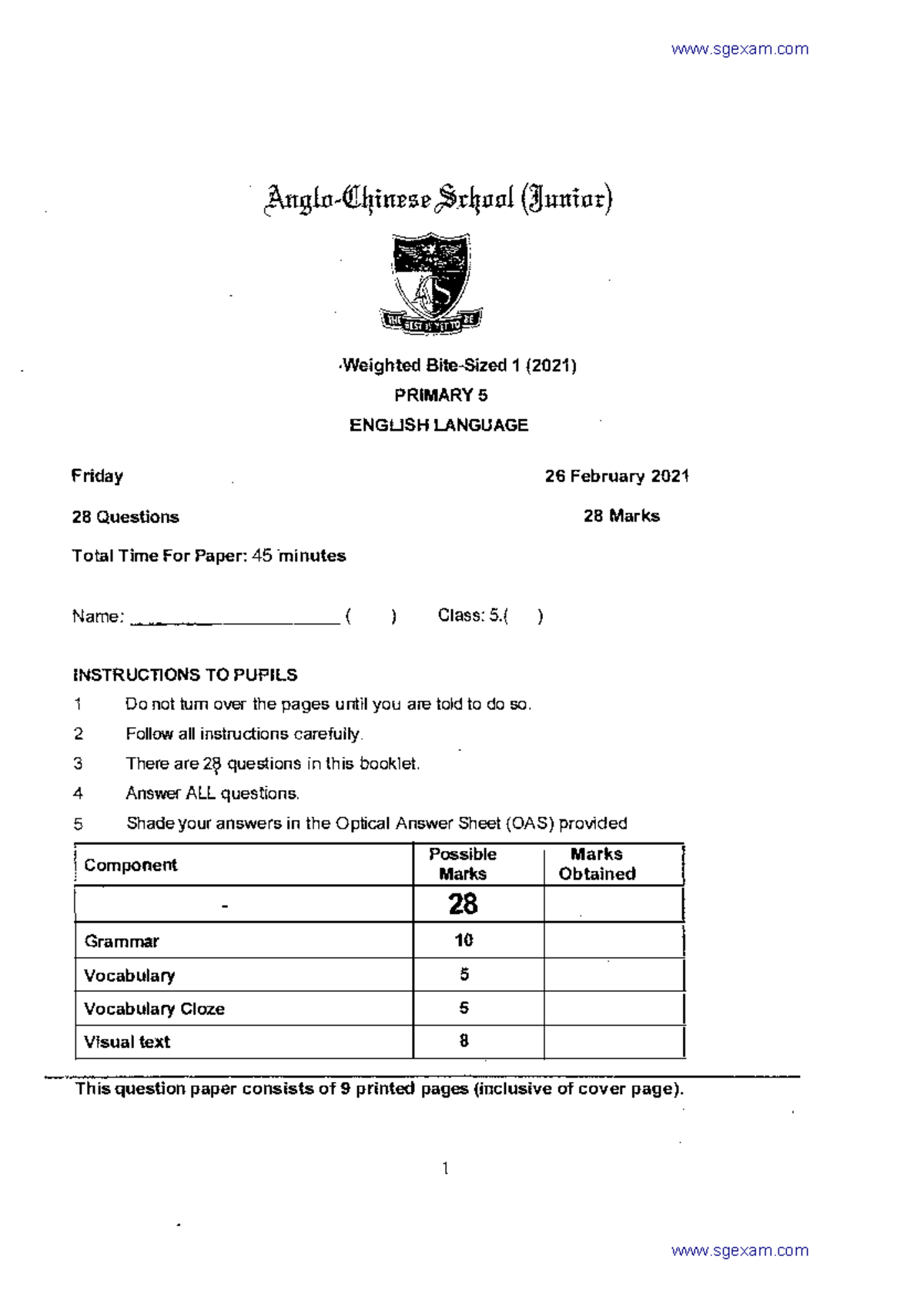 2021 P5 English Language Weighted Assessment 1 Practice - Studocu