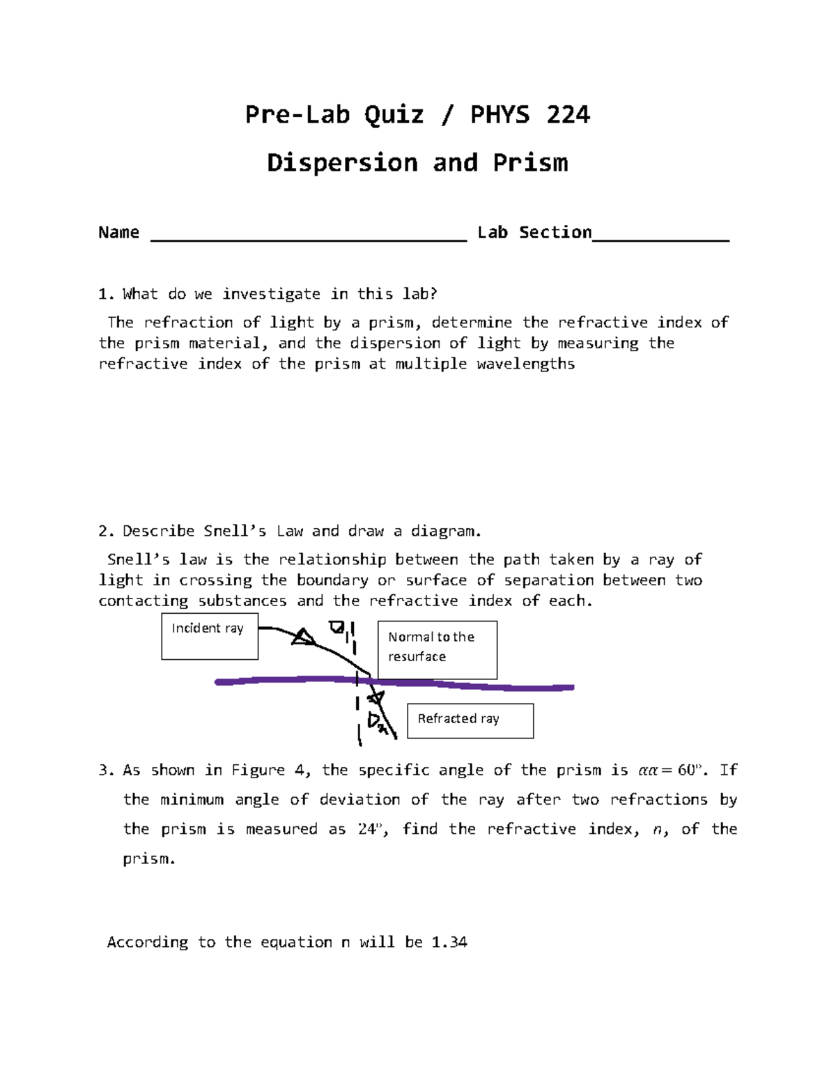 Pre-Lab Quiz - Lab 09 - pre lab quiz lab 9 - Pre-Lab Quiz / PHYS 224 ...