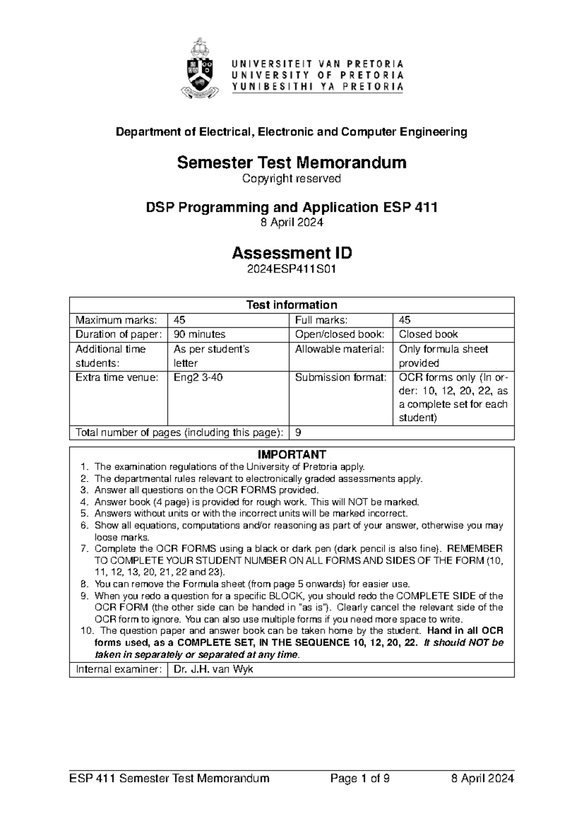ESP 411 Semester Test Memorandum - DSP Programming & Application - Studocu