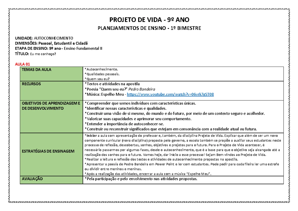 Planejamento do Projeto de Vida para o 8º Ano - 1º Bimestre - Studocu