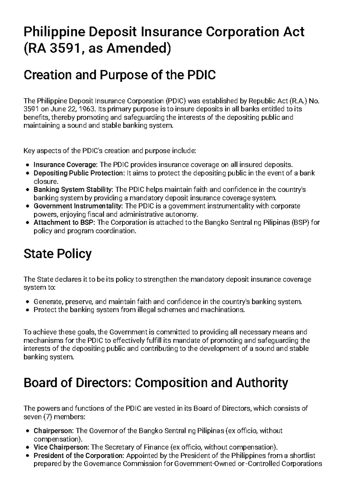 Philippine Deposit Insurance Corporation Act (RA 3591) Overview Study ...