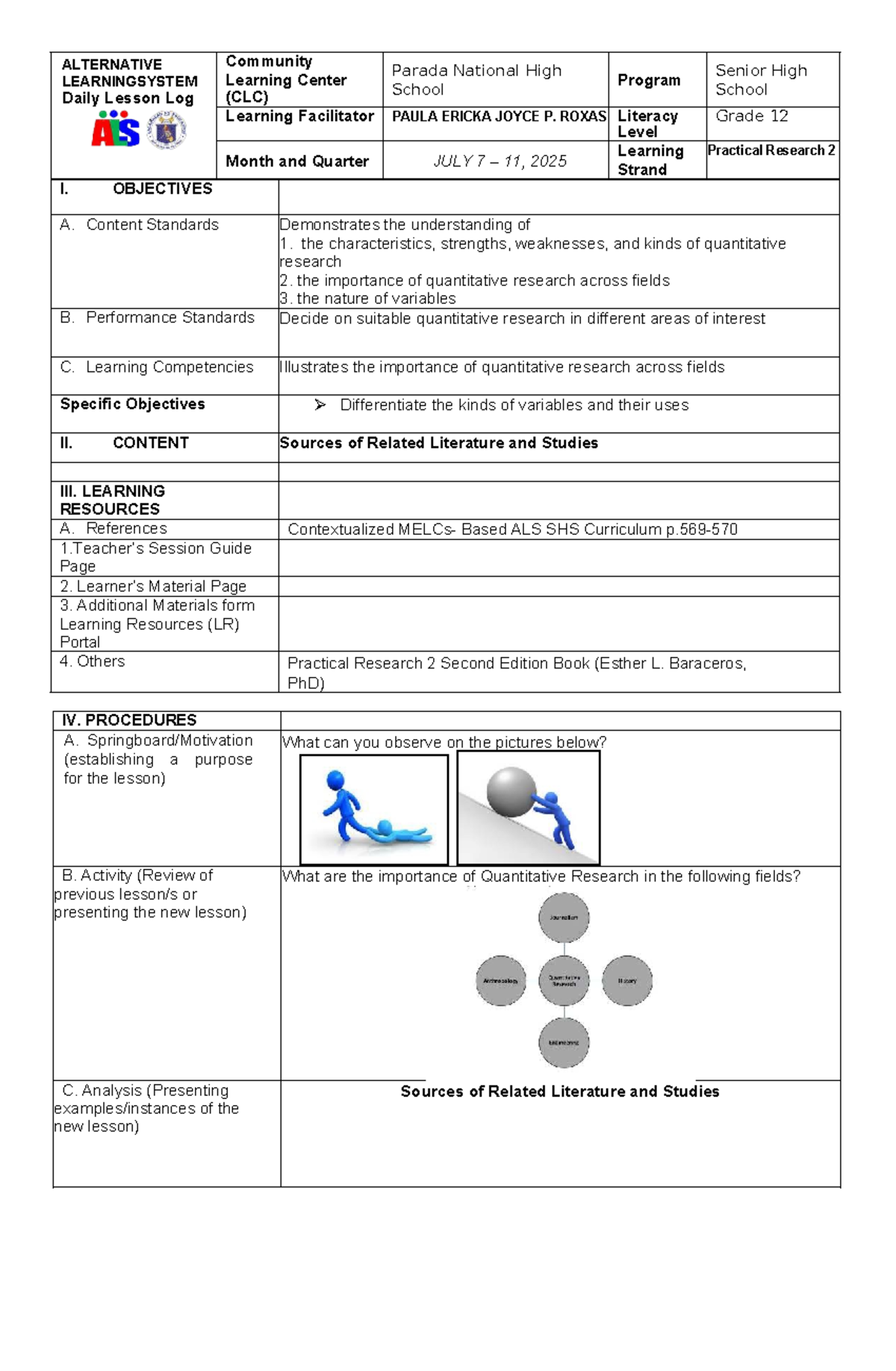 ALS-SHS-DLP-PR2: Daily Lesson Log for Practical Research 2 - Studocu
