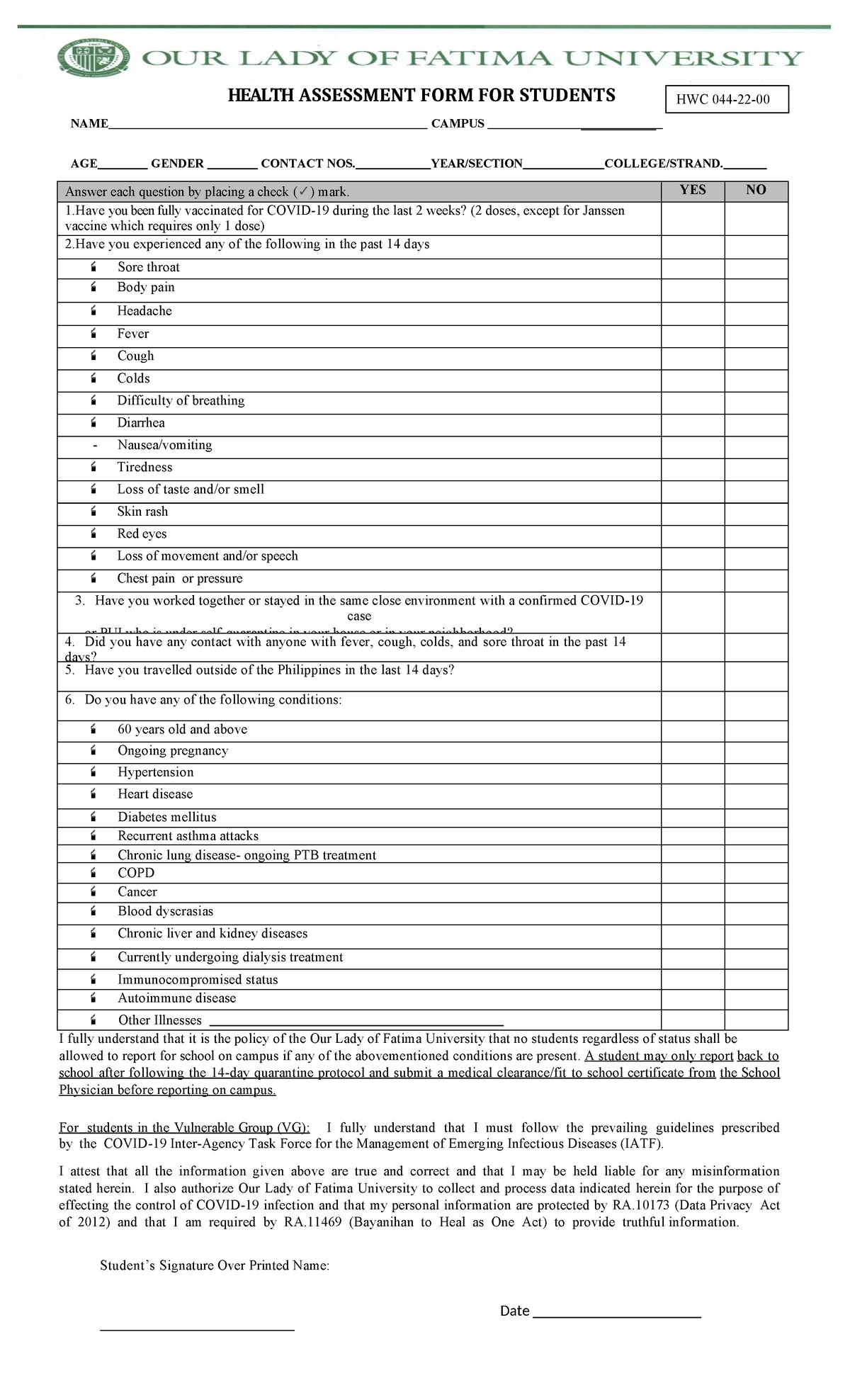 Student-HAF-REV - HAV - HEALTH ASSESSMENT FORM FOR STUDENTS HWC 044-22 ...