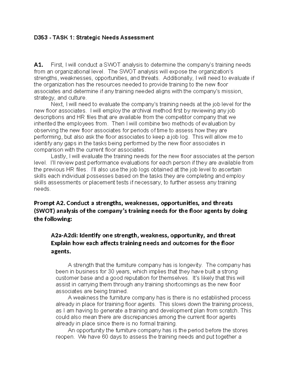 D353 Task 1 - Strategic Needs Assessment & SWOT Analysis for Training ...