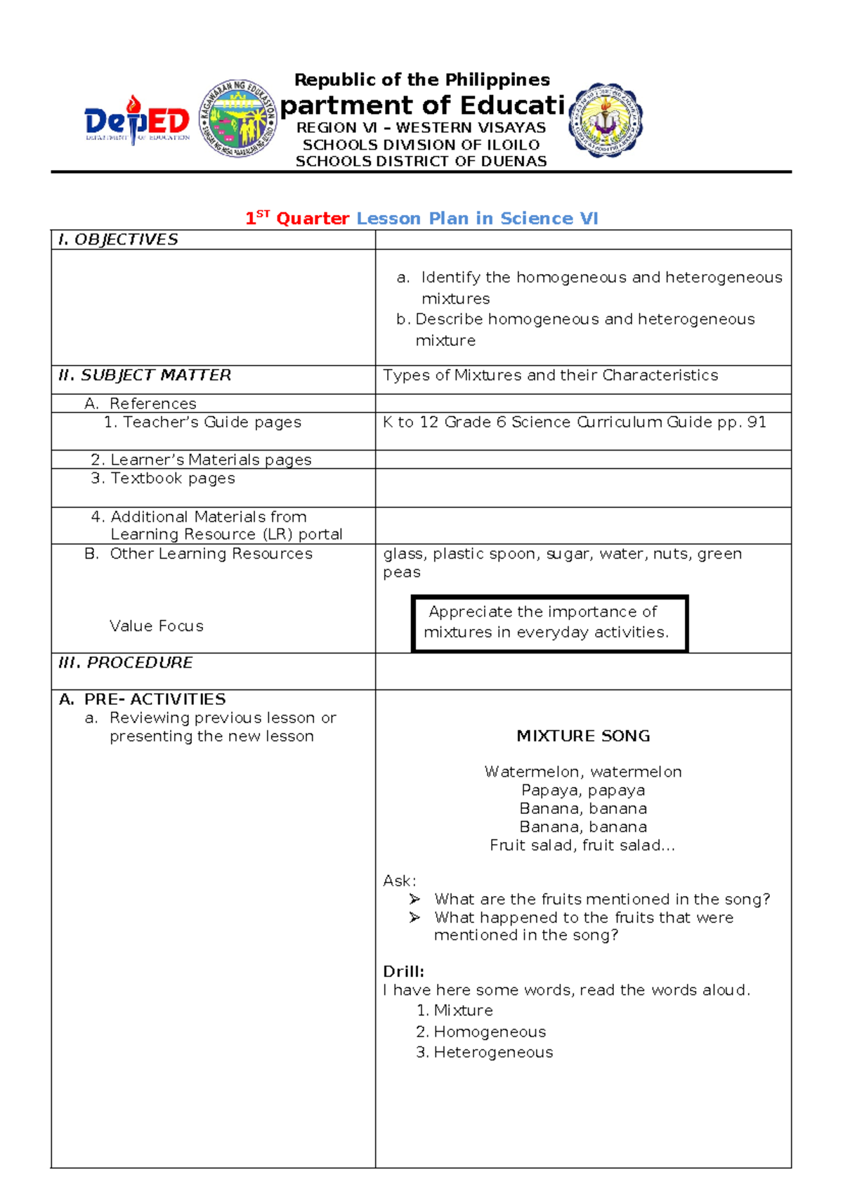 1st Quarter Lesson Plan in Science VI: Mixtures and Animal ...