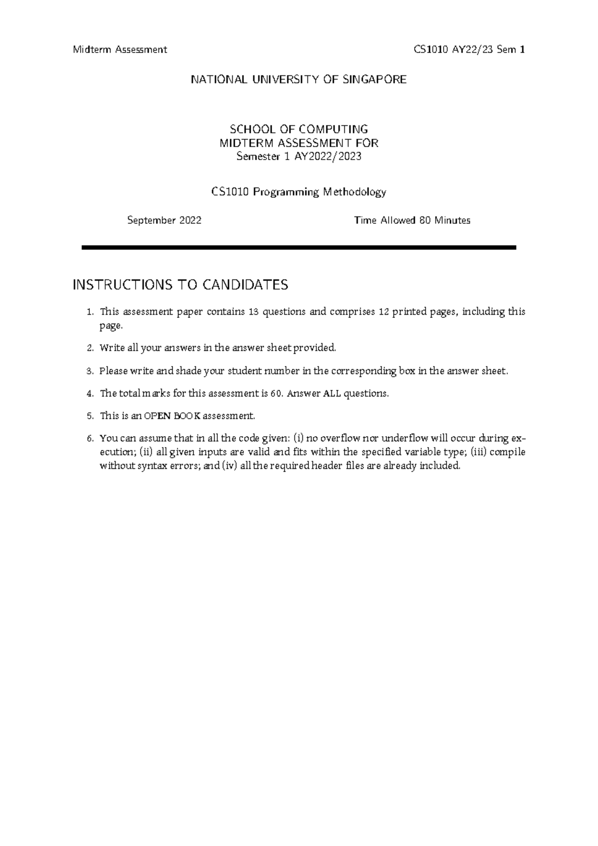 Midterm Assessment CS1010 Sem 1 - Programming Methodology September ...