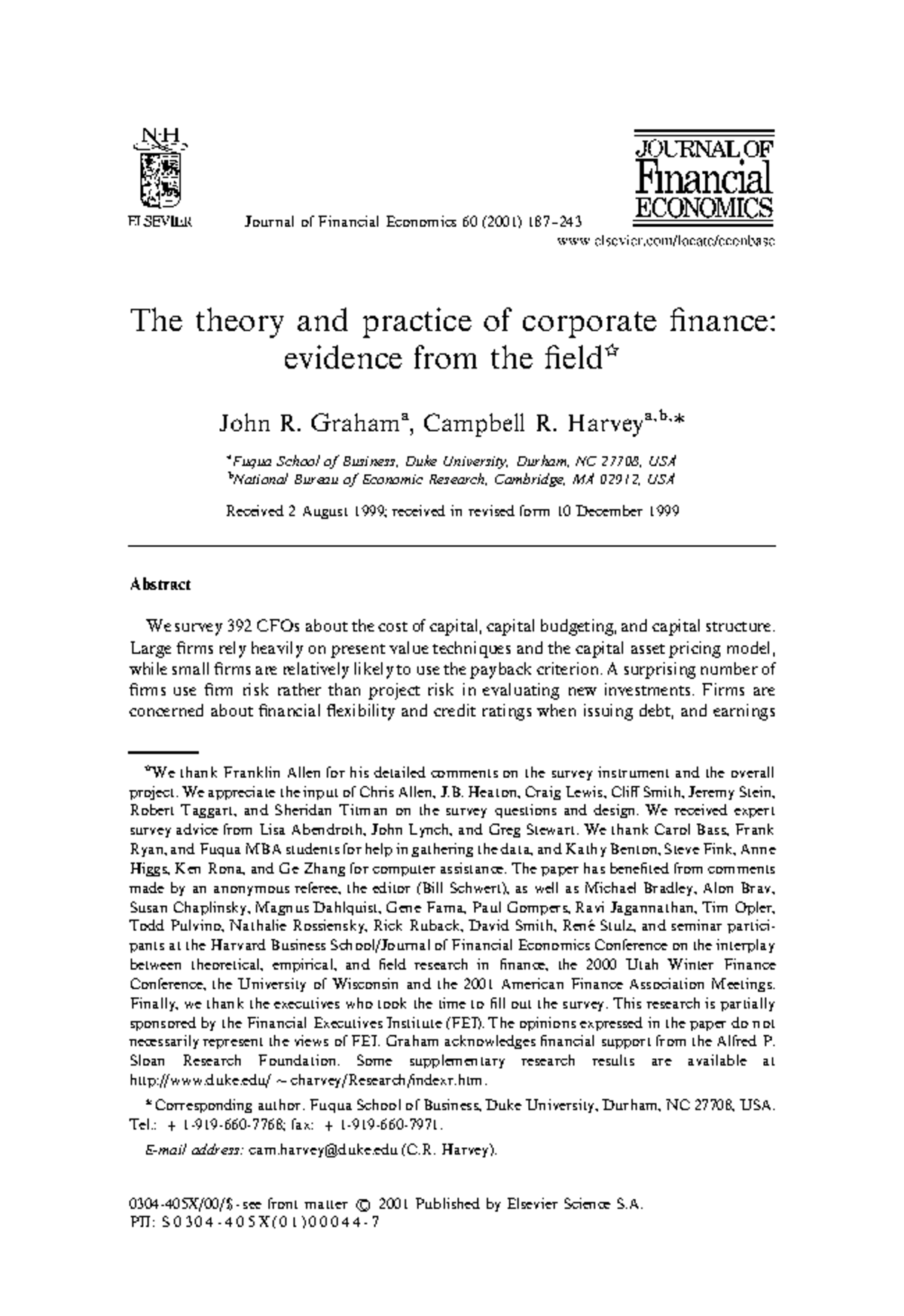 Graham & Harvey (2001) - Survey of Corporate Finance Practices ...