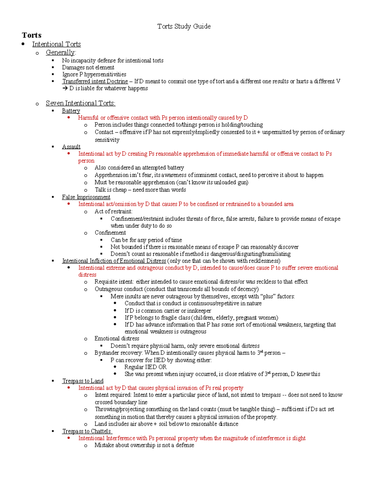Torts Final Study Guide: Key Concepts on Intentional Torts and ...