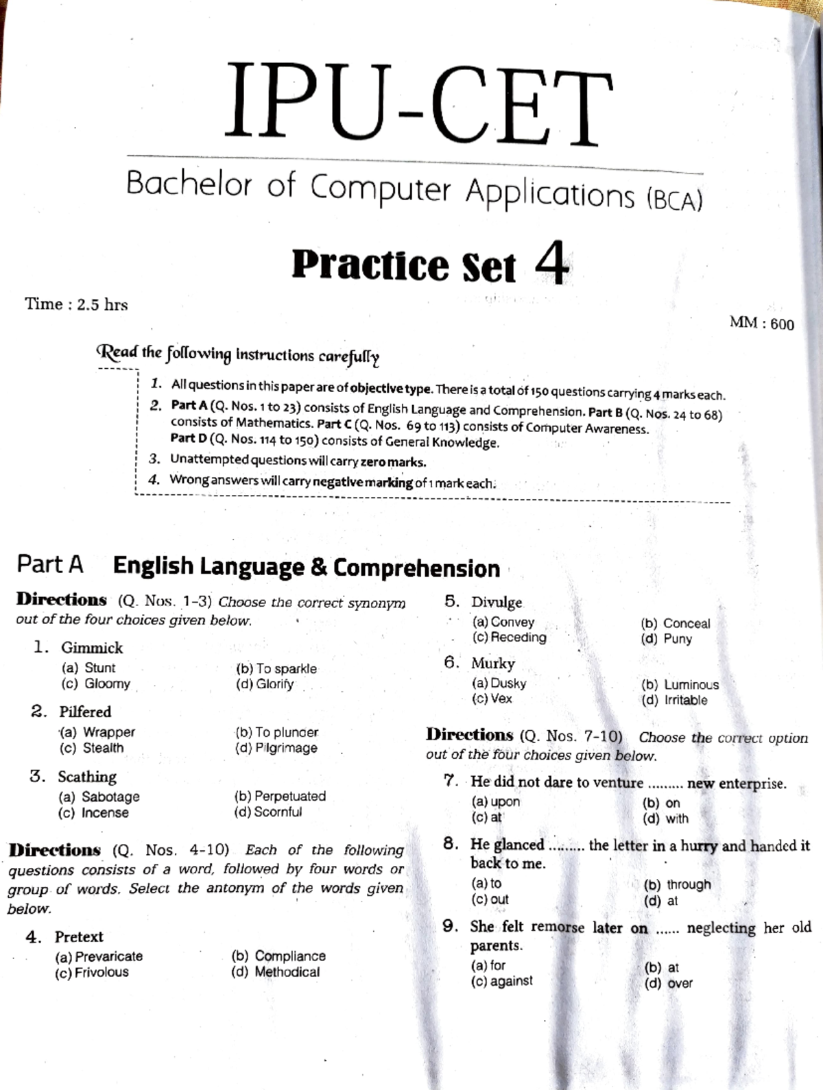 IPU-CET BCA Practice Set 4: Objective Questions and Answers - Studocu