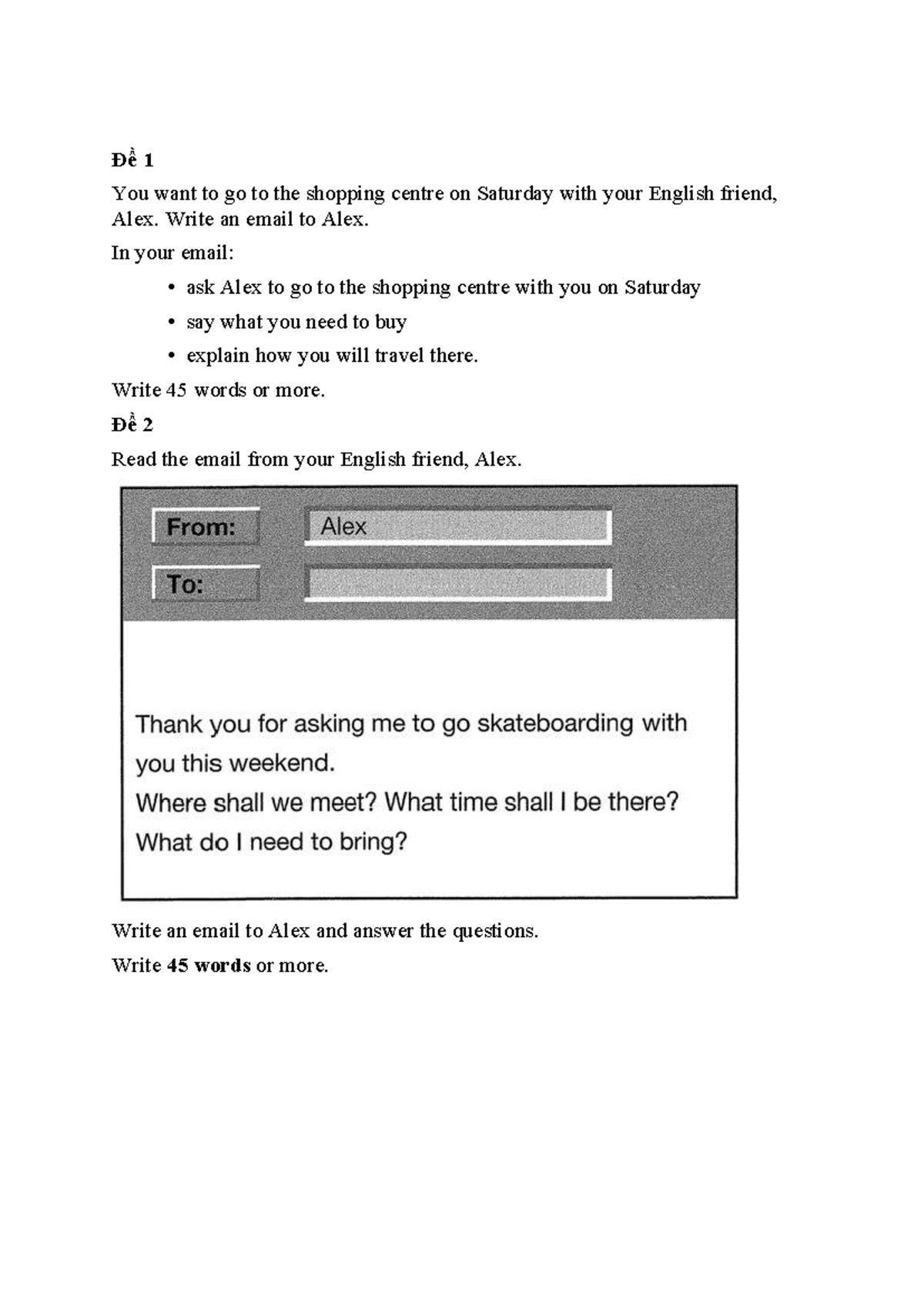 Writing ĐE A2.1 - Tiếng Anh Thi Viết Email Prompts and Exercises - Studocu