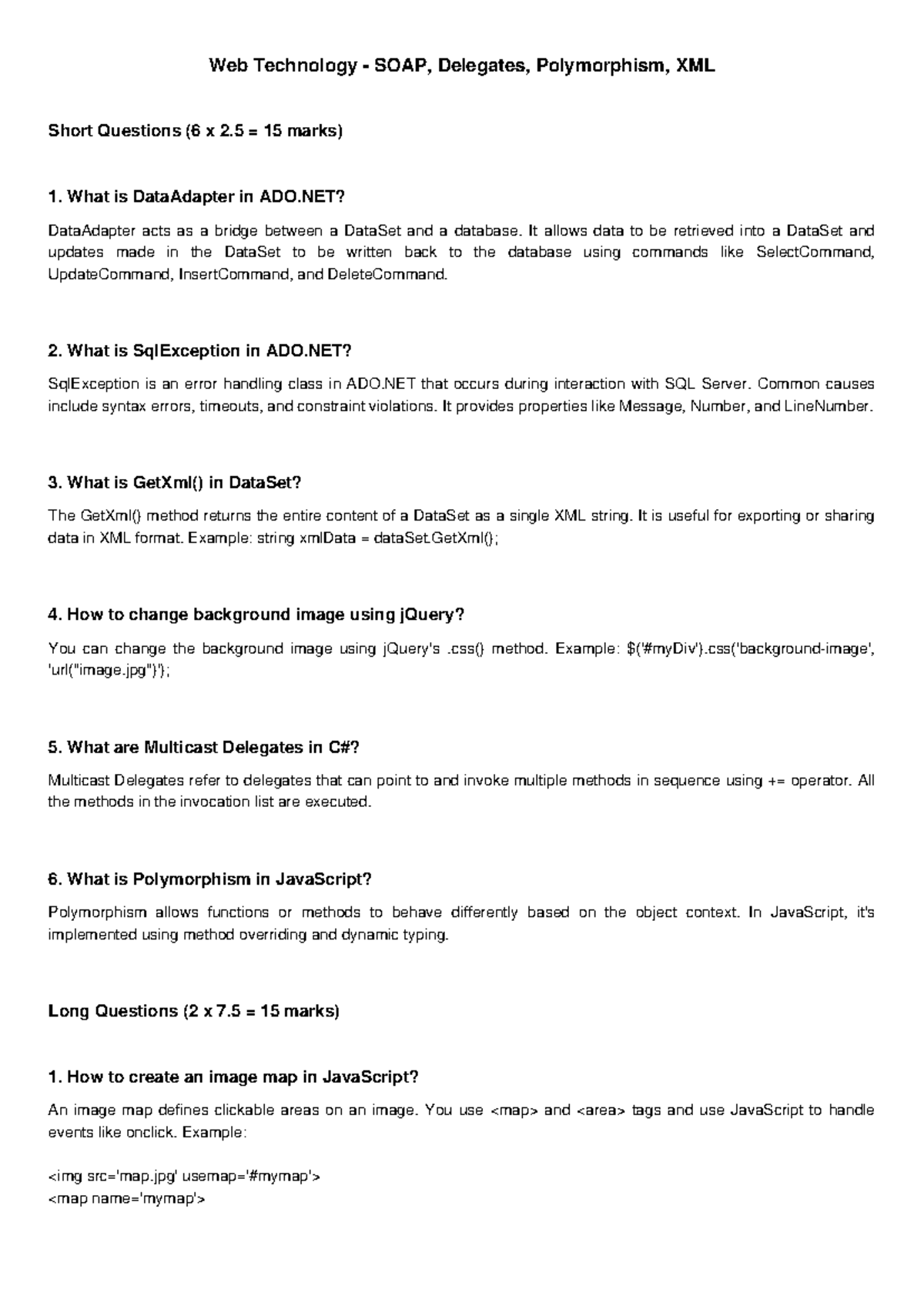 Web Tech QA: SOAP, Delegates, Polymorphism & XML Short Questions - Studocu