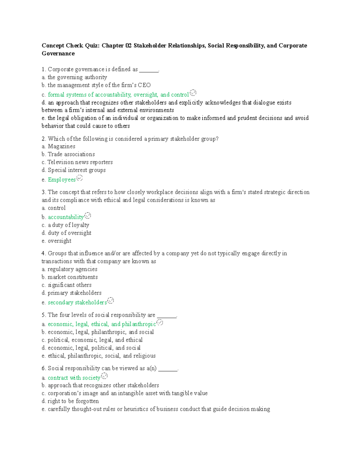 Concept Check Quiz: Stakeholder Relations & Corporate Governance (Ch 02 ...