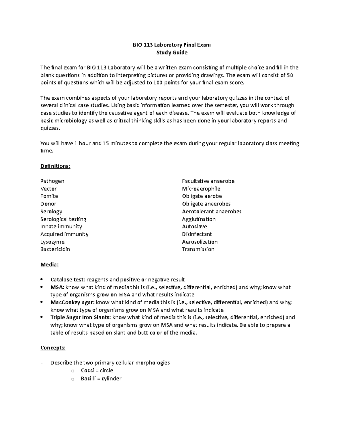 Lab final - BIO 113 Laboratory Final Exam Study Guide The final exam ...