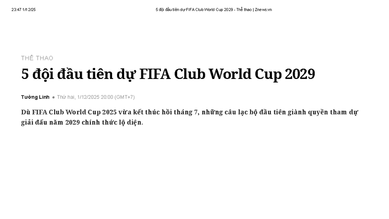 5 Đội Đầu Tiên Tham Dự FIFA Club World Cup 2029 - Thể Thao Znews - Studocu