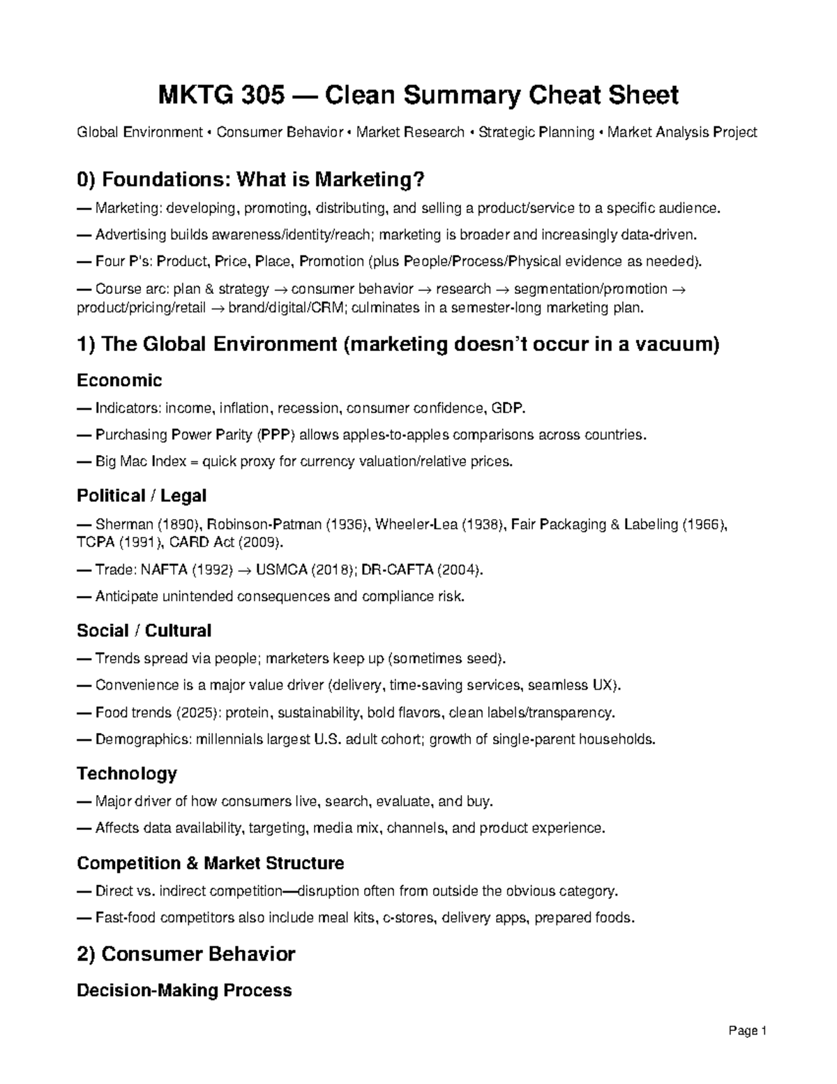 MKTG 305 Final Exam Study Guide: Global Environment & Consumer Behavior ...