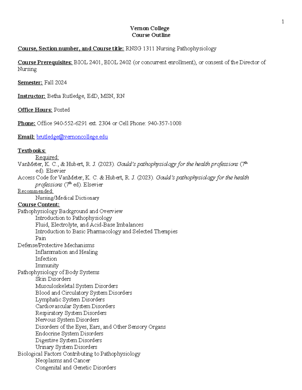 Patho Course Outline fall 24 online R-1 - Vernon College Course Outline ...