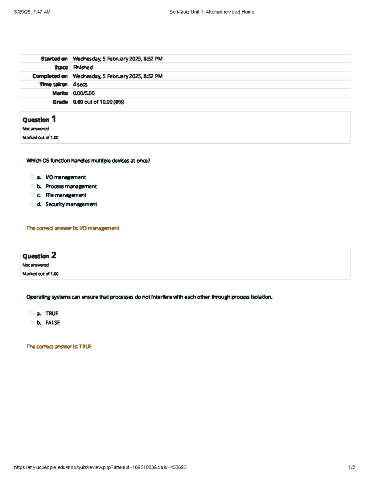2Self-Quiz Unit 1 Attempt review Home - Started on Wednesday, 5 ...
