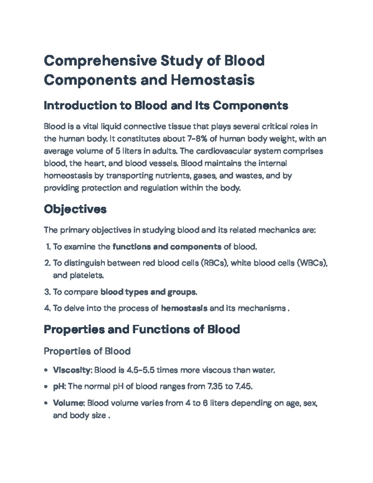Comprehensive Study of Blood Components and Hemostasis (BIO101 ...