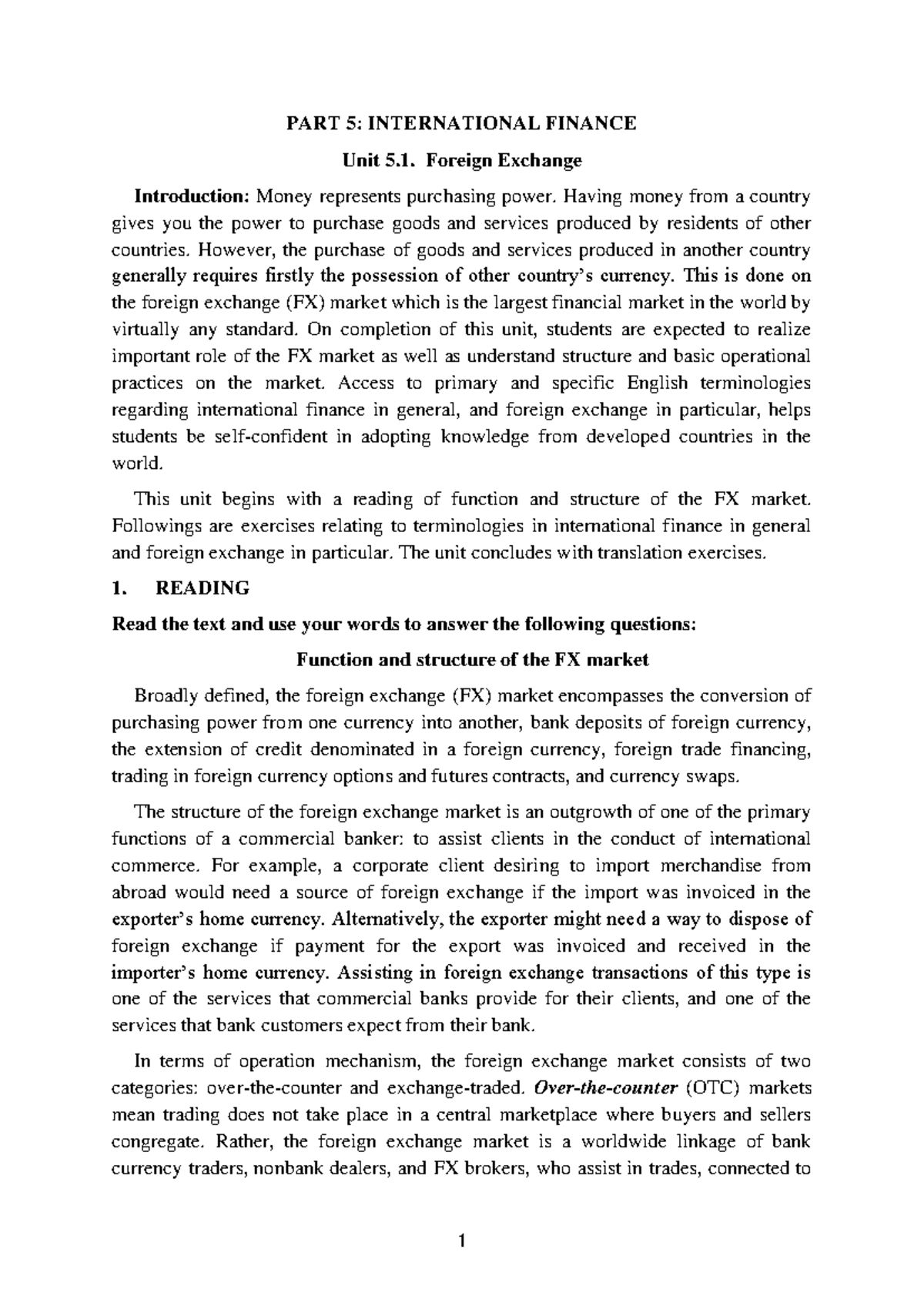 Part 5 - bài tiếng - PART 5 : INTERNATIONAL FINANCE Unit 5. Foreign ...