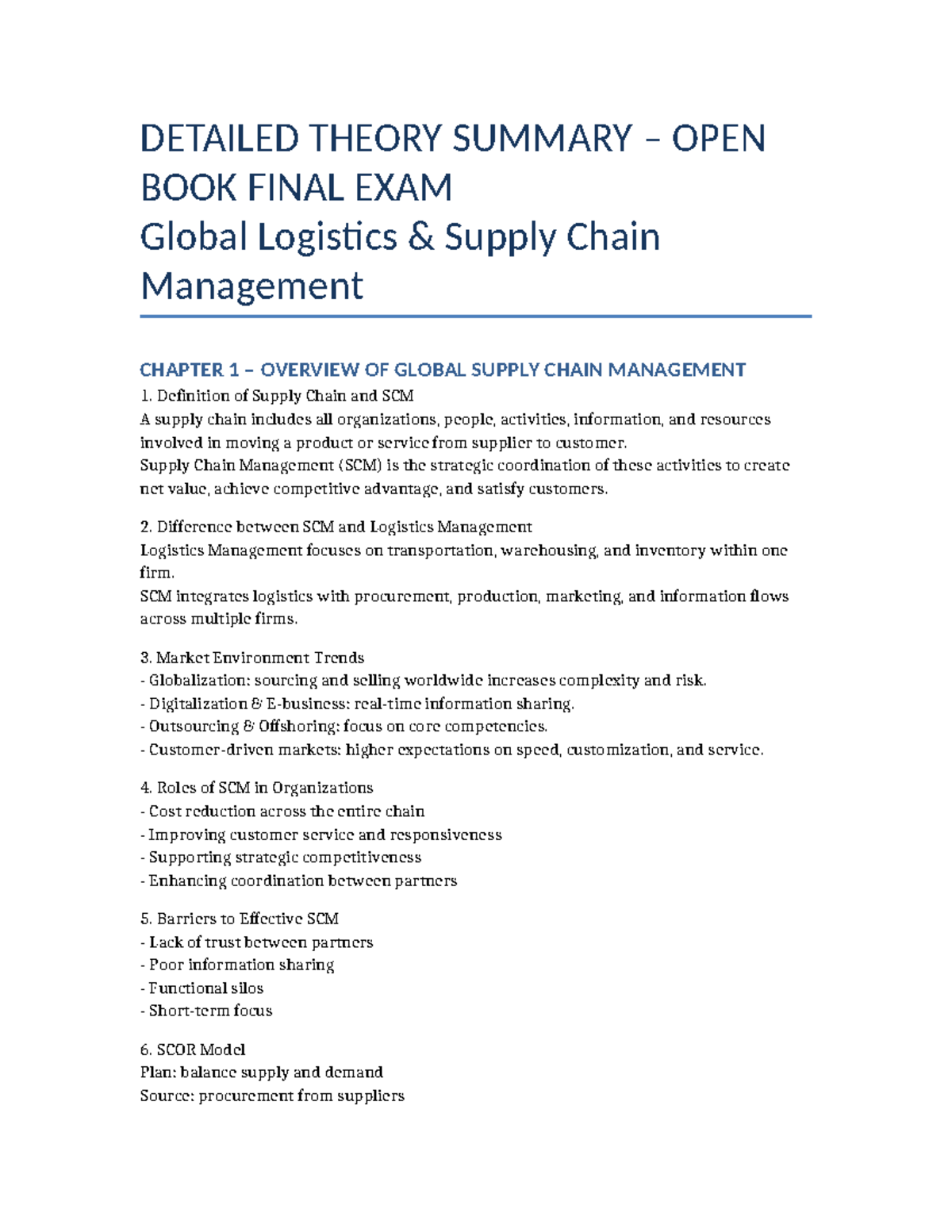 Global Logistics SCM Detailed Theory Open Book Final Exam - Studocu