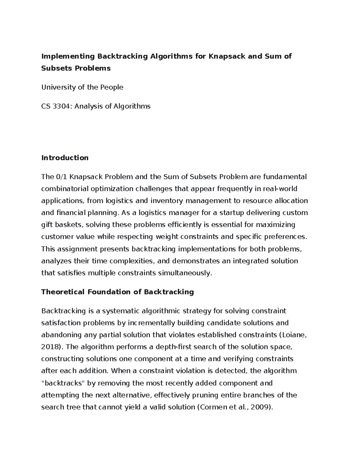 CS 3304: Backtracking Algorithms for Knapsack & Subsets Problems - Studocu